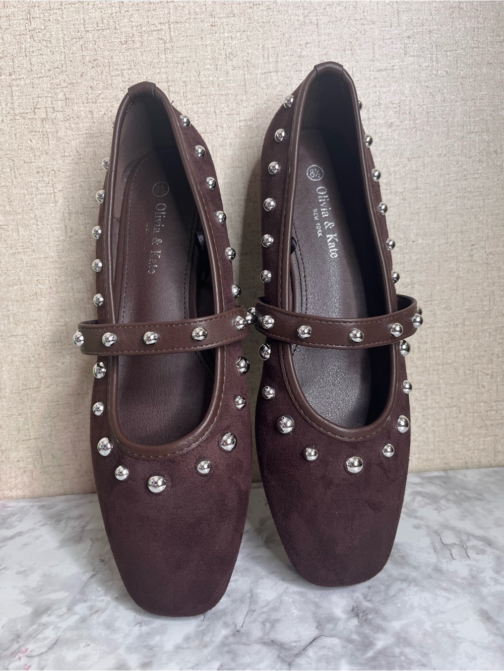 Olivia & Kate Studded Mary Jane Flats in a dark brown faux-suede finish - Picture 4 of 8